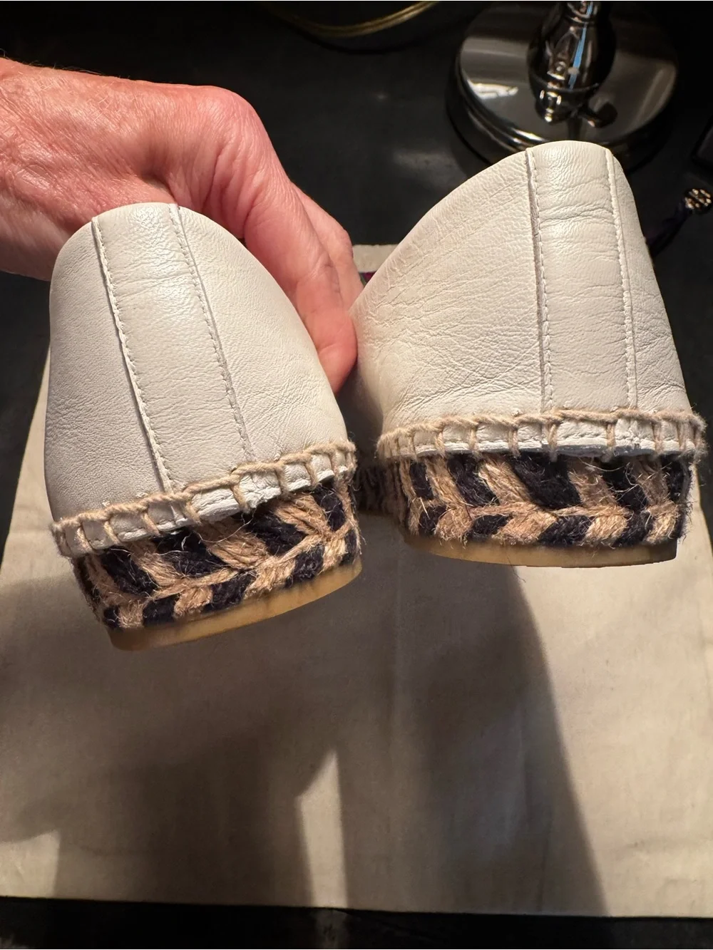 Tory Burch Two-Tone Creme and Black Leather Espadrille Flats
